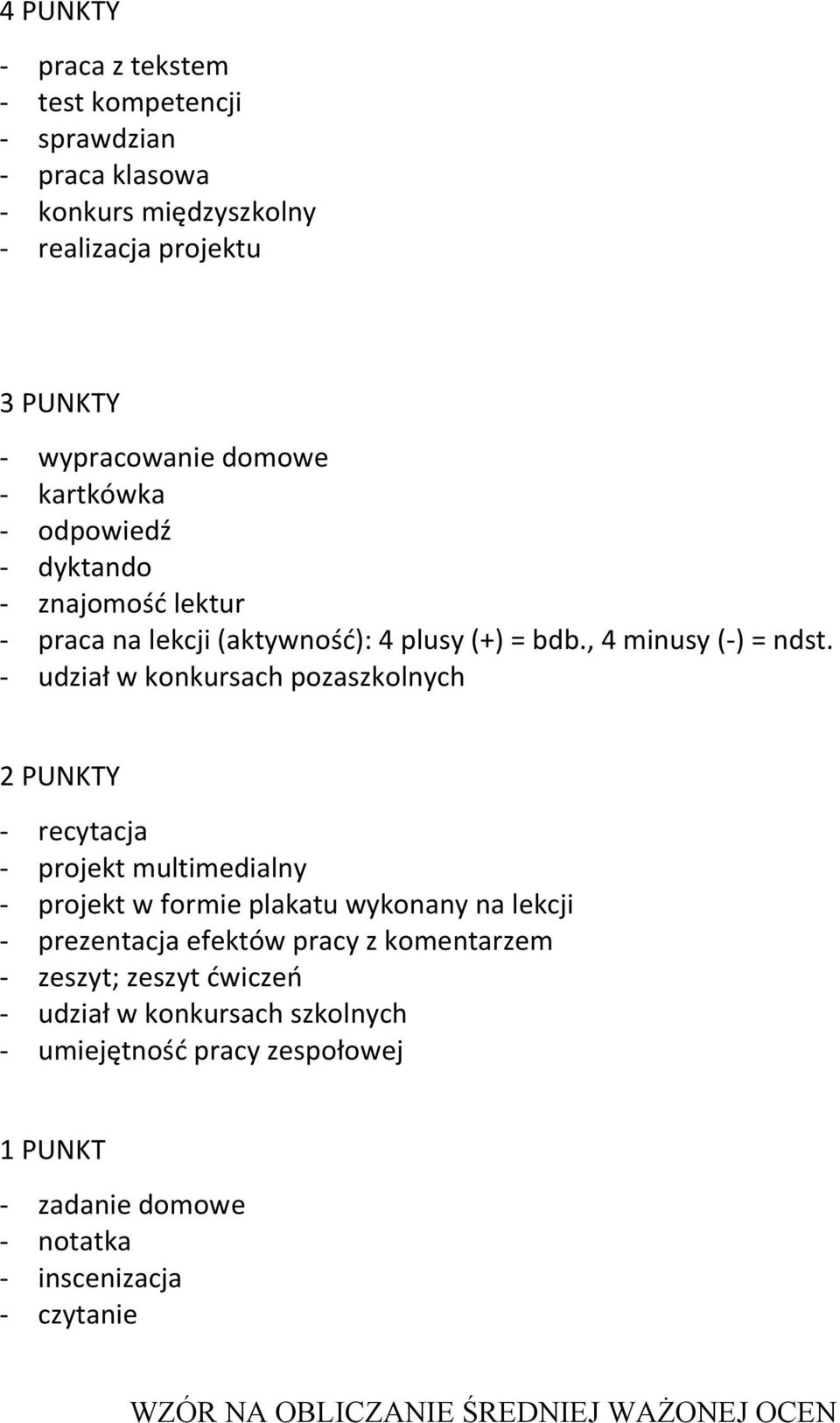 - udział w konkursach pozaszkolnych 2 PUNKTY - recytacja - projekt multimedialny - projekt w formie plakatu wykonany na lekcji - prezentacja efektów pracy z