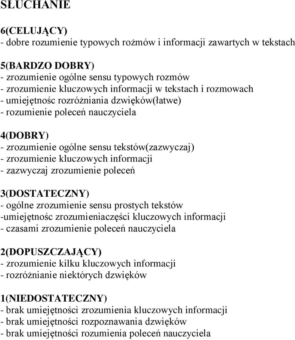 poleceń - ogólne zrozumienie sensu prostych tekstów -umiejętnośc zrozumieniaczęści kluczowych informacji - czasami zrozumienie poleceń nauczyciela - zrozumienie kilku kluczowych