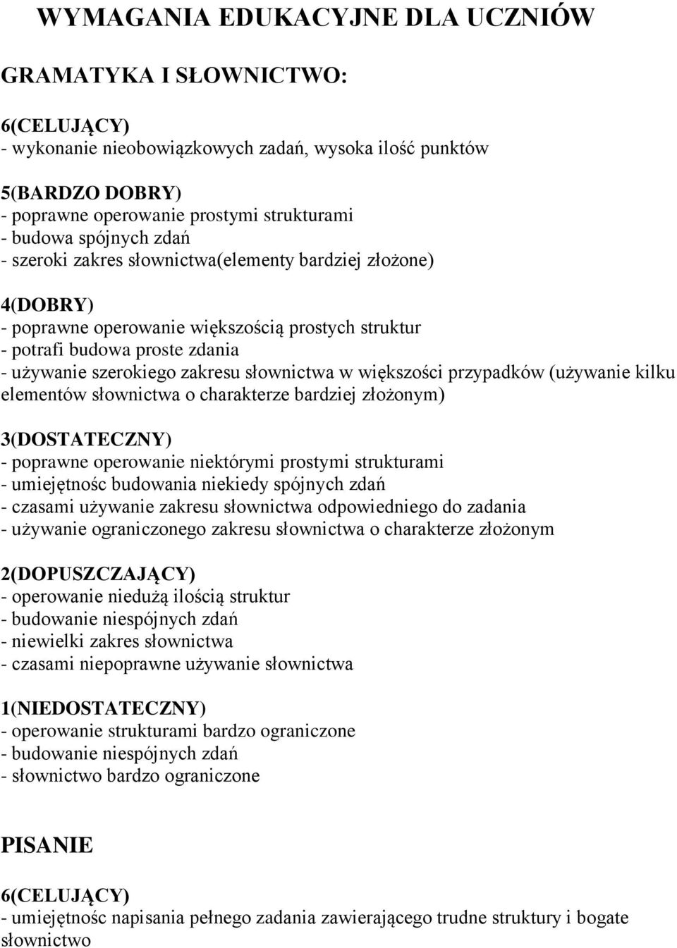 kilku elementów słownictwa o charakterze bardziej złożonym) - poprawne operowanie niektórymi prostymi strukturami - umiejętnośc budowania niekiedy spójnych zdań - czasami używanie zakresu słownictwa