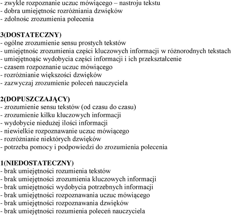 zazwyczaj zrozumienie poleceń nauczyciela - zrozumienie sensu tekstów (od czasu do czasu) - zrozumienie kilku kluczowych informacji - wydobycie niedużej ilości informacji - niewielkie rozpoznawanie