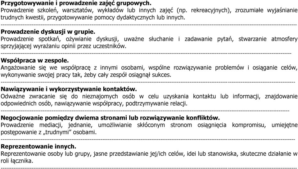 Prowadzenie spotkań, ożywianie dyskusji, uważne słuchanie i zadawanie pytań, stwarzanie atmosfery sprzyjającej wyrażaniu opinii przez uczestników. -- Współpraca w zespole.