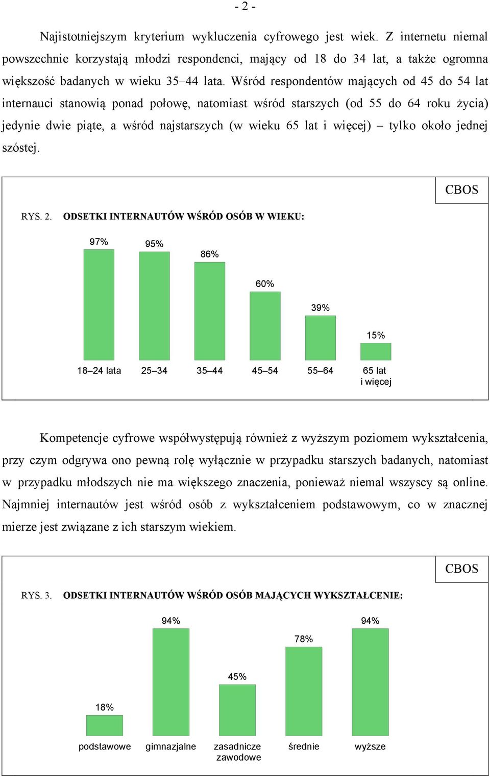 Wśród respondentów mających od 45 do 54 lat internauci stanowią ponad połowę, natomiast wśród starszych (od 55 do 64 roku życia) jedynie dwie piąte, a wśród najstarszych (w wieku 65 lat i więcej)