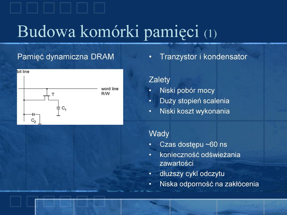 stopień scalenia Niski koszt wykonania C 2 Wady Czas dostępu ~60 ns