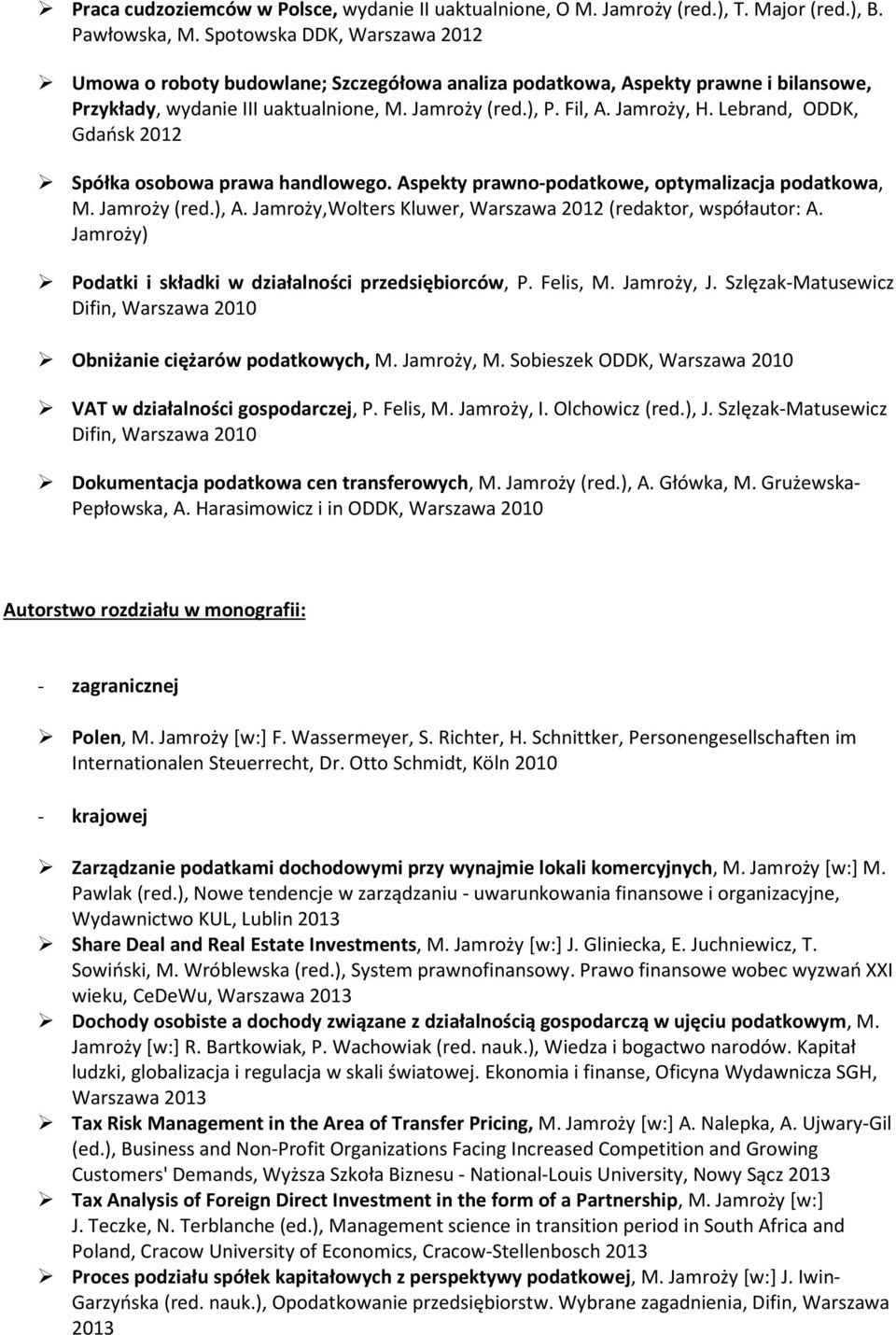 Lebrand, ODDK, Gdańsk 2012 Spółka osobowa prawa handlowego. Aspekty prawno-podatkowe, optymalizacja podatkowa, M. Jamroży (red.), A. Jamroży,Wolters Kluwer, Warszawa 2012 (redaktor, współautor: A.