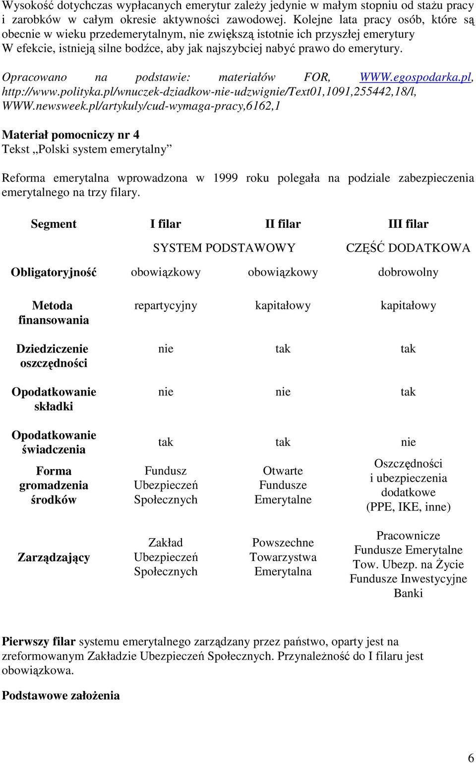 Opracowano na podstawie: materiałów FOR, WWW.egospodarka.pl, http://www.polityka.pl/wnuczek-dziadkow-nie-udzwignie/text01,1091,255442,18/l, WWW.newsweek.