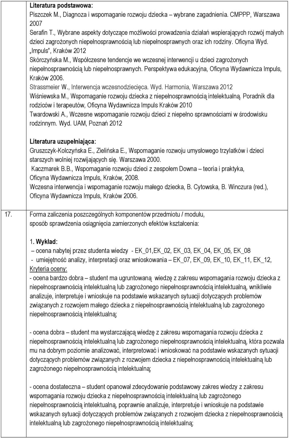 Impuls, Kraków 2012 Skórczyńska M., Współczesne tendencje we wczesnej interwencji u dzieci zagrożonych niepełnosprawnością lub niepełnosprawnych.