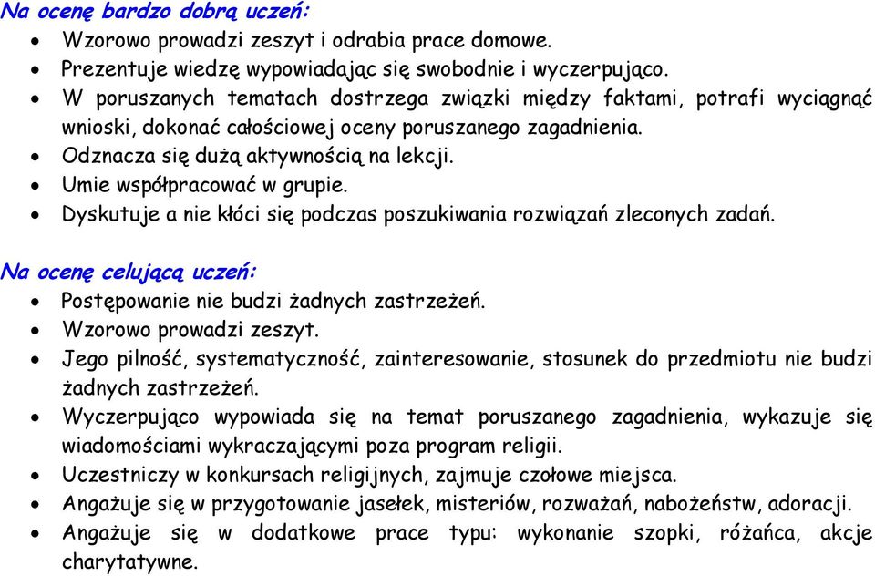 Umie współpracować w grupie. Dyskutuje a nie kłóci się podczas poszukiwania rozwiązań zleconych zadań. Na ocenę celującą uczeń: Postępowanie nie budzi żadnych zastrzeżeń. Wzorowo prowadzi zeszyt.