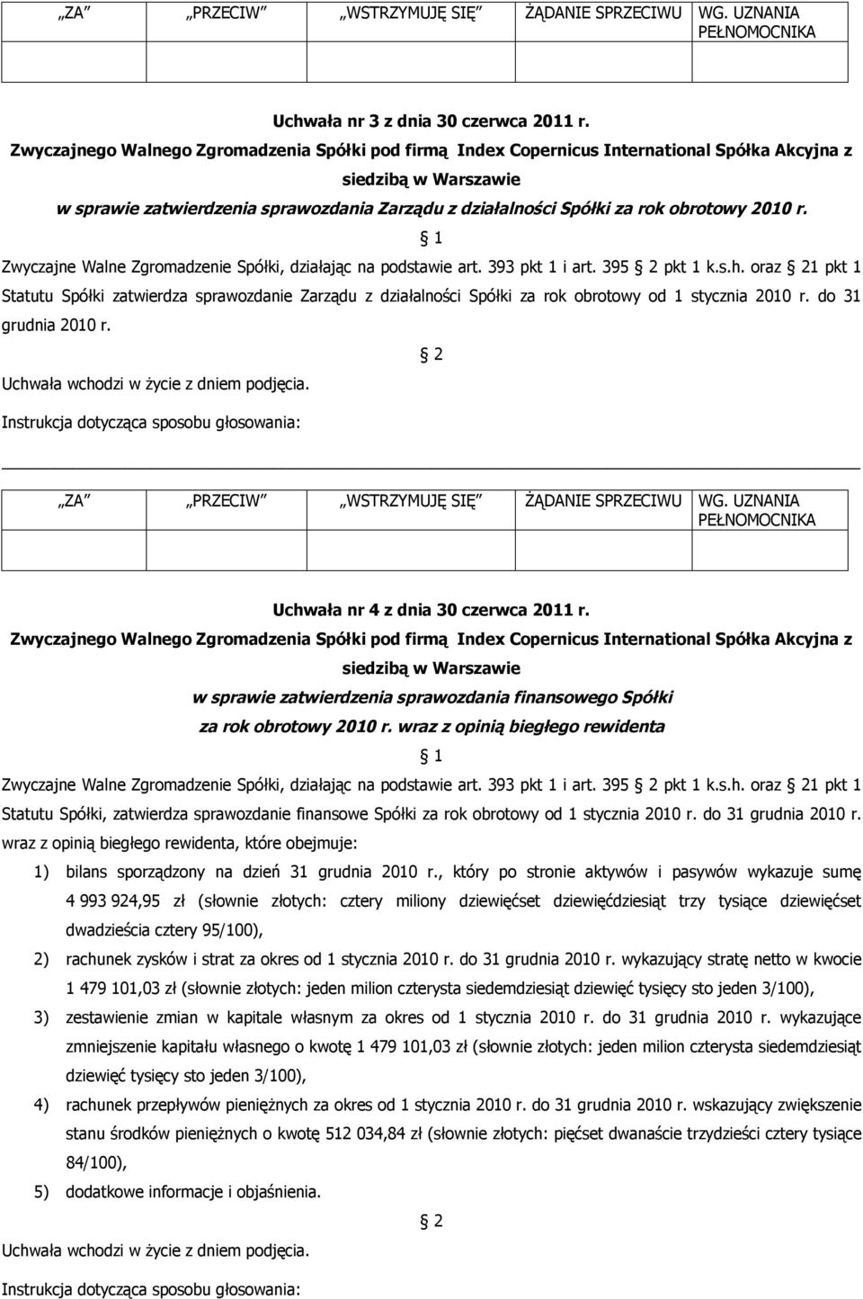 Uchwała nr 4 z dnia 30 czerwca 2011 r. w sprawie zatwierdzenia sprawozdania finansowego Spółki za rok obrotowy 2010 r.