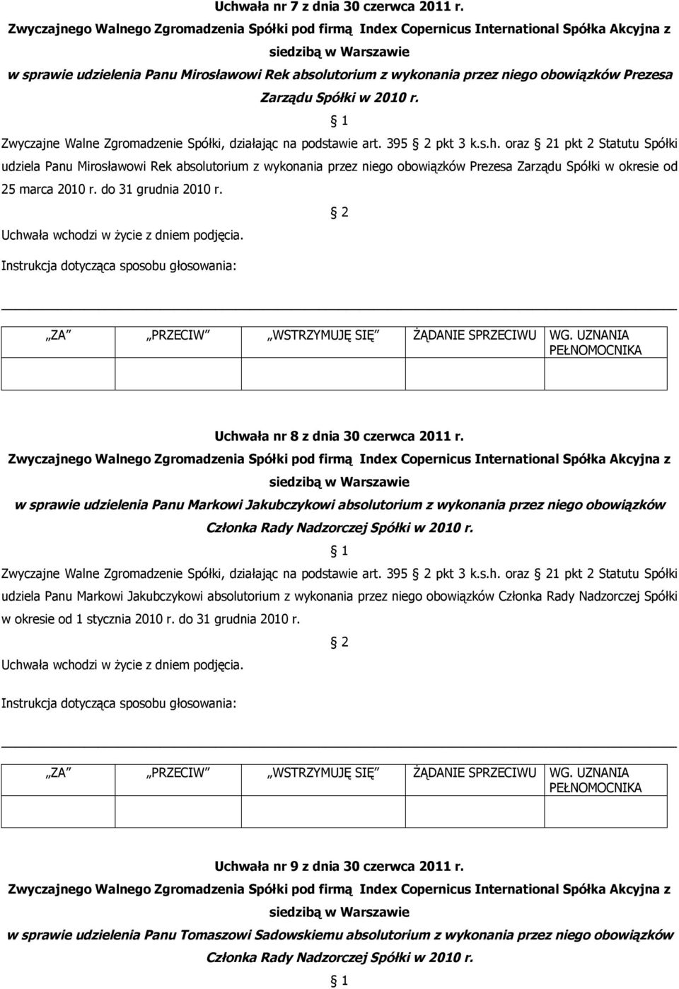 oraz 1 pkt 2 Statutu Spółki udziela Panu Mirosławowi Rek absolutorium z wykonania przez niego obowiązków Prezesa Zarządu Spółki w okresie od 25 marca 2010 r. do 31 grudnia 2010 r.