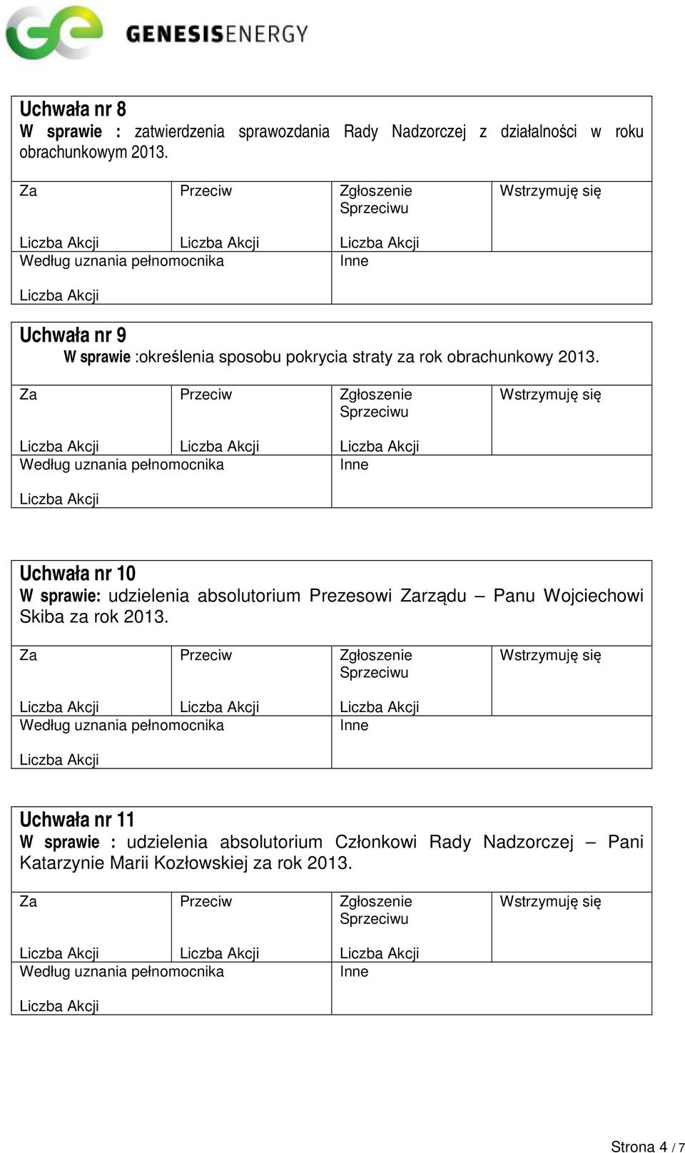 Uchwała nr 10 W sprawie: udzielenia absolutorium Prezesowi rządu Panu Wojciechowi Skiba za rok 2013.