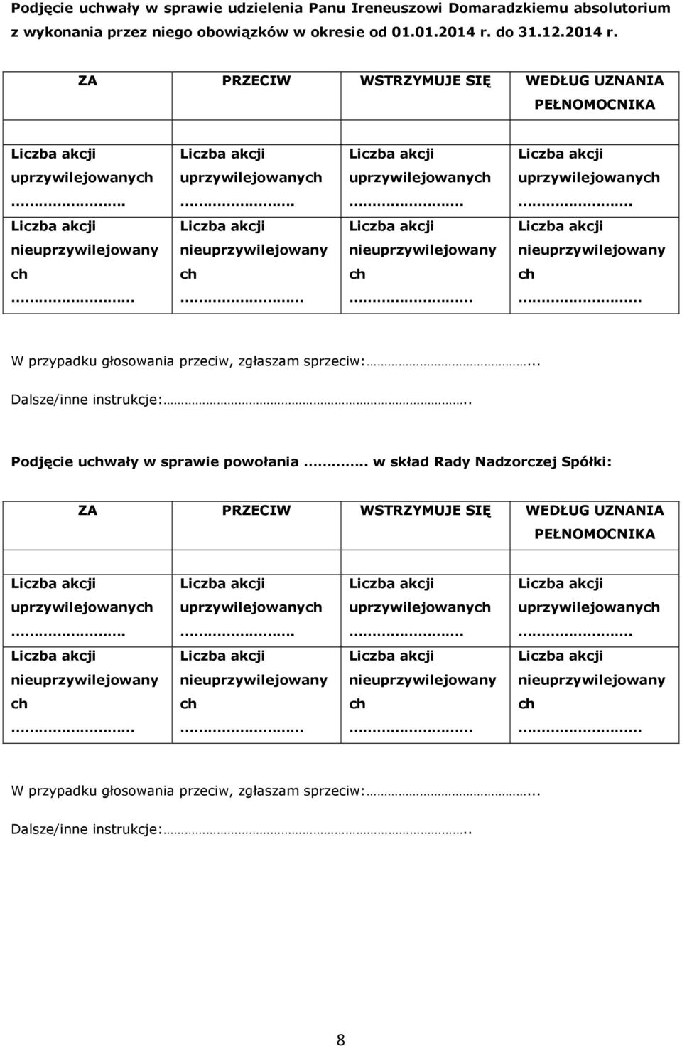 do 31.12.2014 r. W przypadku głosowania przeciw, zgłaszam sprzeciw:.. Dalsze/inne instrukcje:.