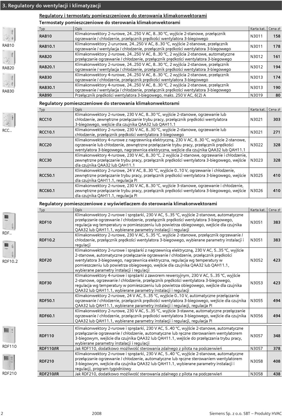 .30 C, wyj cie 2-stanowe, prze cznik ogrzewanie / ch odzenie, prze cznik pr dko ci wentylatora 3-biegowego N30 58 RAB 0. Klimakonwektory 2-ururowe, 24..250 V AC, 8.