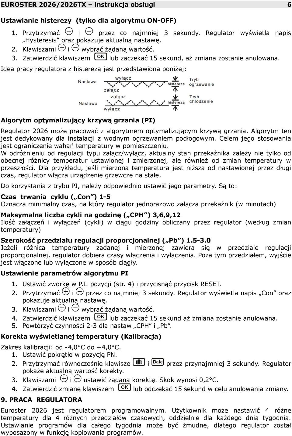 Idea pracy regulatora z histerezą jest przedstawiona poniżej: Algorytm optymalizujący krzywą grzania (PI) Regulator 2026 może pracować z algorytmem optymalizującym krzywą grzania.