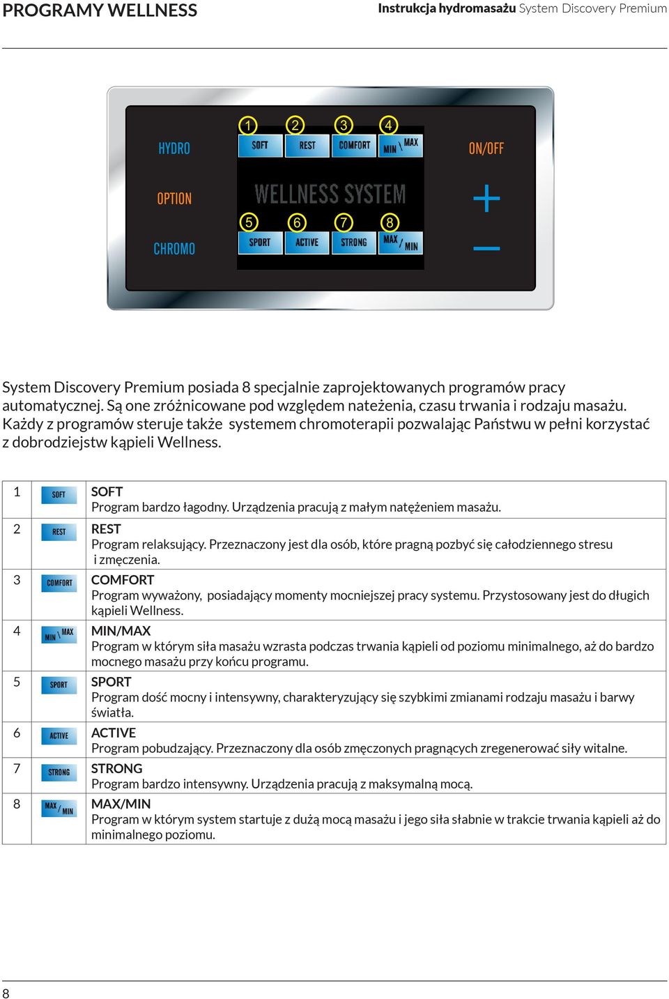 Każdy z programów steruje także systemem chromoterapii pozwalając Państwu w pełni korzystać z dobrodziejstw kąpieli Wellness. 1 SOFT Program bardzo łagodny.