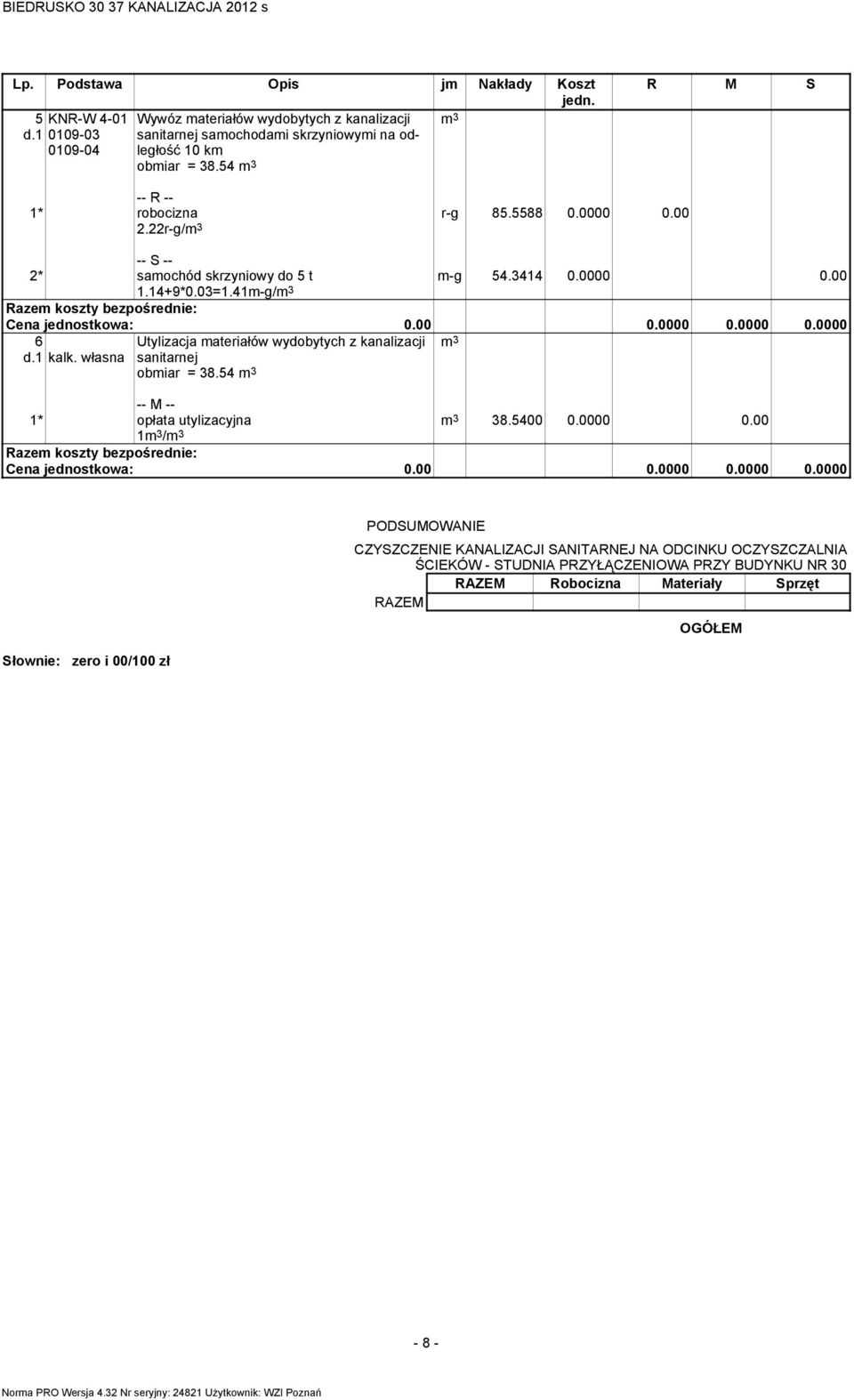 0000 0.00 2* samochód skrzyniowy do 5 t 1.14+9*0.03=1.41m-g/m 3 6 d.1 kalk. własna Utylizacja materiałów wydobytych z kanalizacji sanitarnej obmiar = 38.