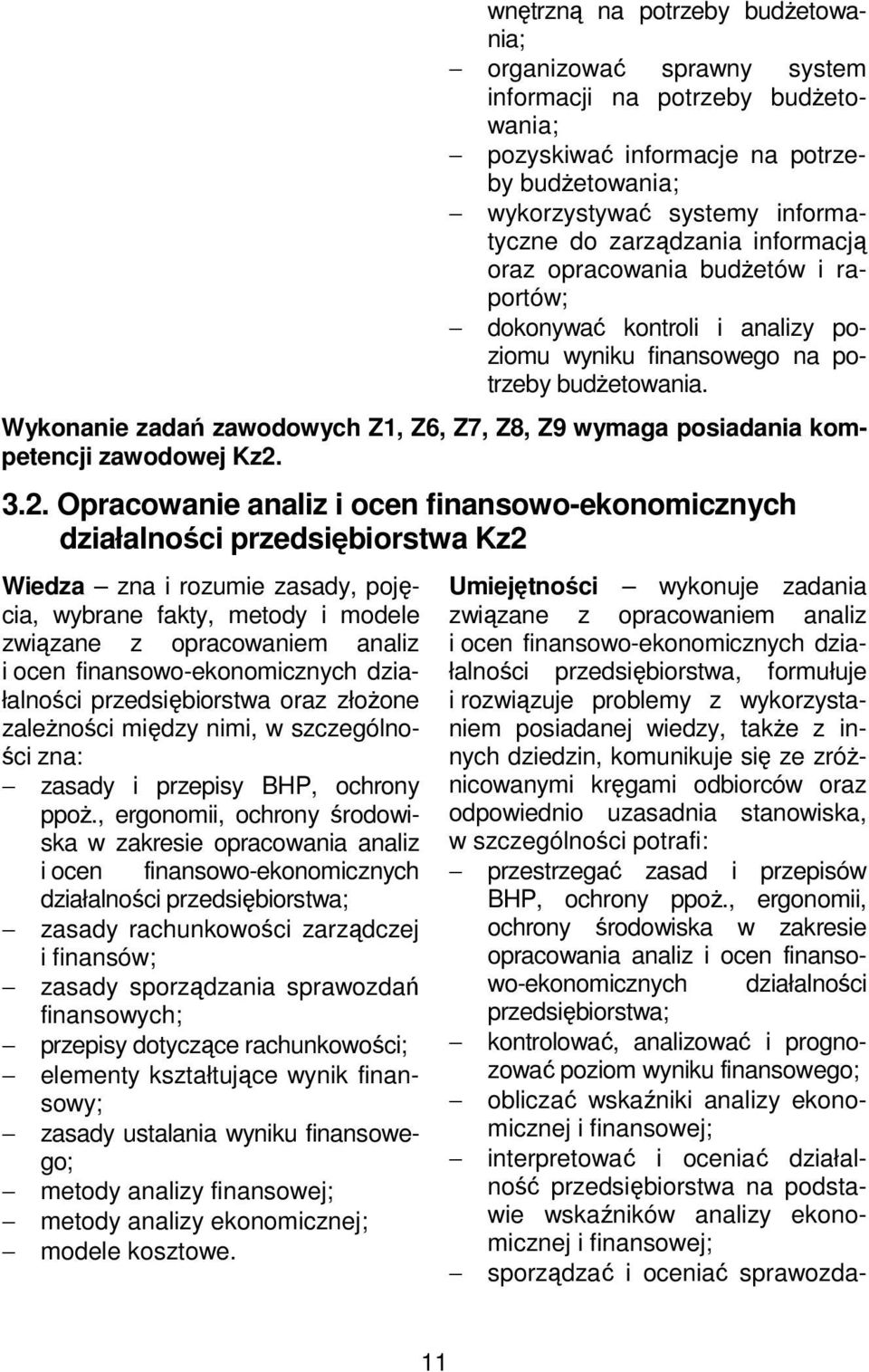 Wykonanie zadań zawodowych Z1, Z6, Z7, Z8, Z9 wymaga posiadania kompetencji zawodowej Kz2.