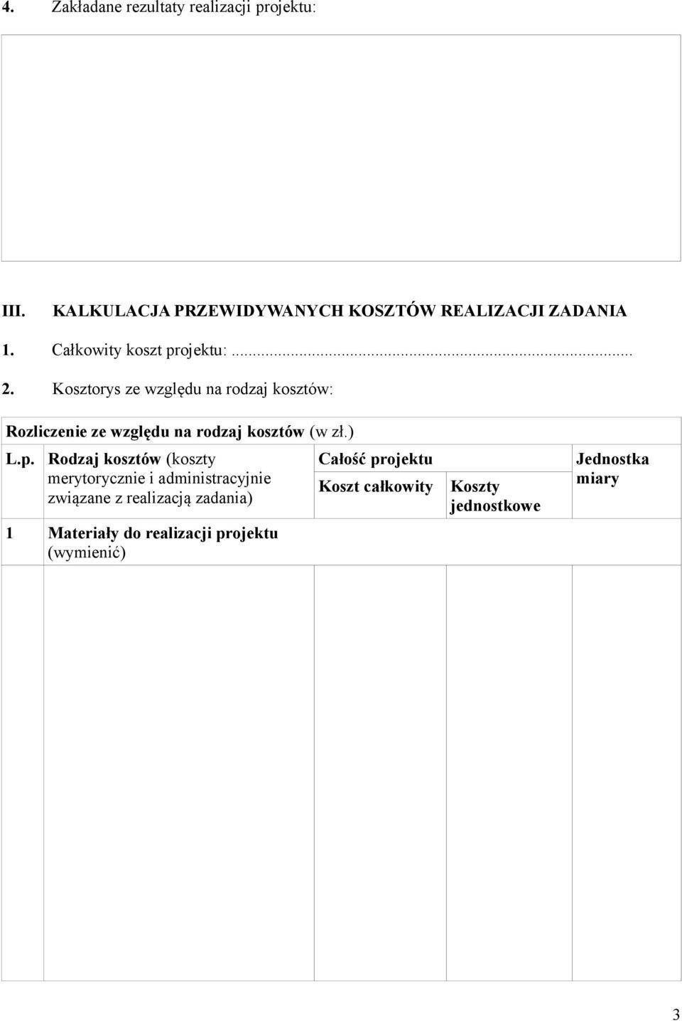 Kosztorys ze względu na rodzaj kosztów: Rozliczenie ze względu na rodzaj kosztów (w zł.) L.p.