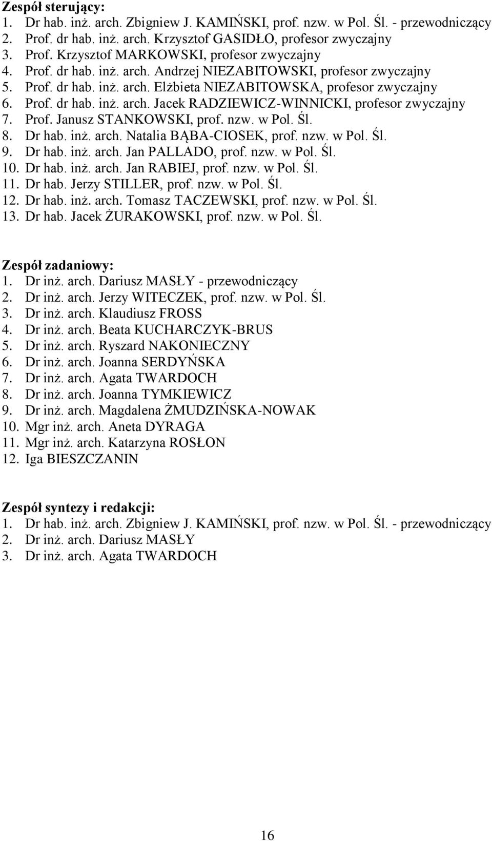 Prof. Janusz STANKOWSKI, prof. nzw. w Pol. Śl. 8. Dr hab. inż. arch. Natalia BĄBA-CIOSEK, prof. nzw. w Pol. Śl. 9. Dr hab. inż. arch. Jan PALLADO, prof. nzw. w Pol. Śl. 10. Dr hab. inż. arch. Jan RABIEJ, prof.