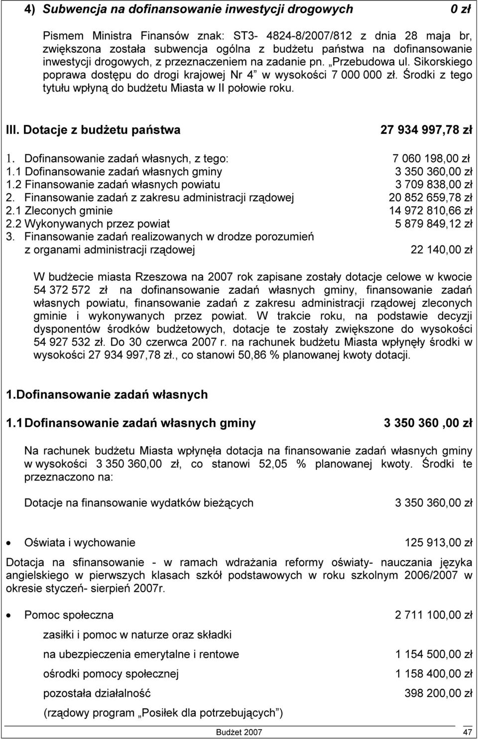 Środki z tego tytułu wpłyną do budżetu Miasta w II połowie roku. III. Dotacje z budżetu państwa 27 934 997,78 zł 1. Dofinansowanie zadań własnych, z tego: 7 060 198,00 zł 1.