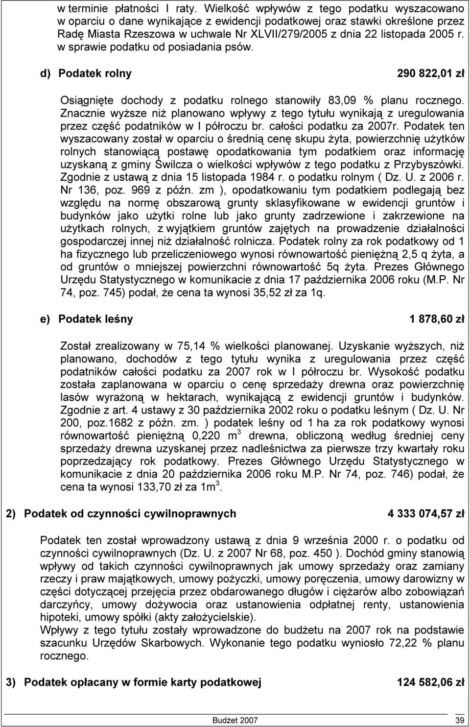 w sprawie podatku od posiadania psów. d) Podatek rolny 290 822,01 zł Osiągnięte dochody z podatku rolnego stanowiły 83,09 % planu rocznego.