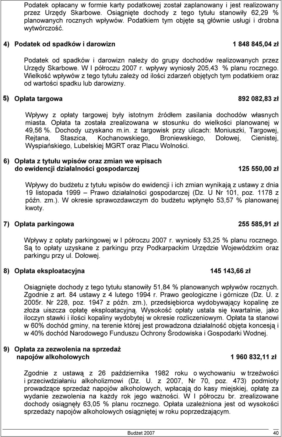 4) Podatek od spadków i darowizn 1 848 845,04 zł Podatek od spadków i darowizn należy do grupy dochodów realizowanych przez Urzędy Skarbowe. W I półroczu 2007 r.