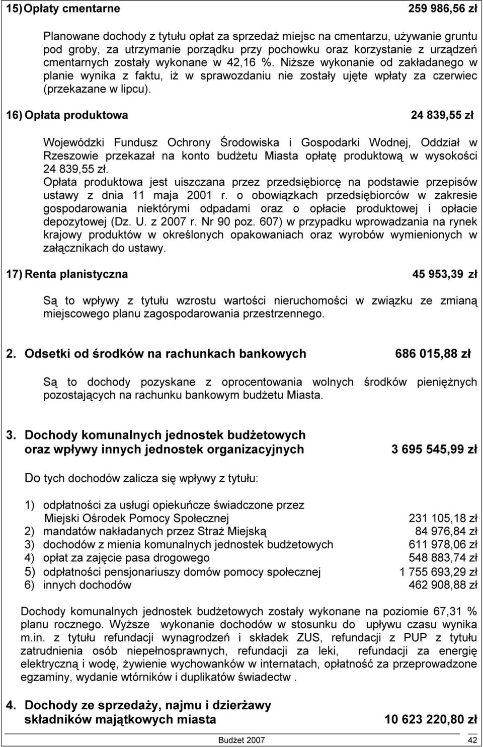 16) Opłata produktowa 24 839,55 zł Wojewódzki Fundusz Ochrony Środowiska i Gospodarki Wodnej, Oddział w Rzeszowie przekazał na konto budżetu Miasta opłatę produktową w wysokości 24 839,55 zł.