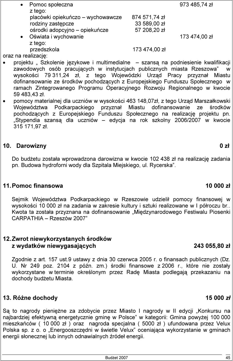 wysokości 79 311,24 zł, z tego Wojewódzki Urząd Pracy przyznał Miastu dofinansowanie ze środków pochodzących z Europejskiego Funduszu Społecznego w ramach Zintegrowanego Programu Operacyjnego Rozwoju