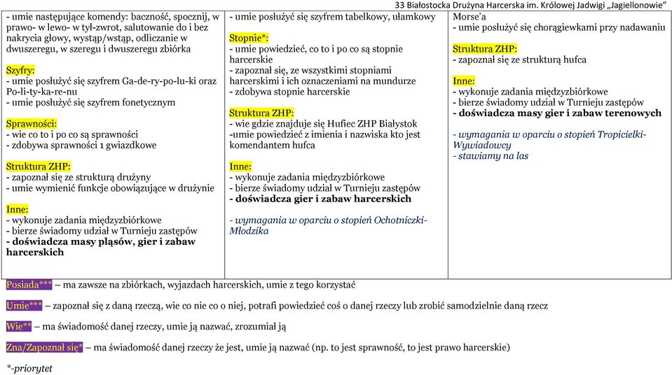 zapoznał się ze strukturą drużyny - umie wymienić funkcje obowiązujące w drużynie Inne: - wykonuje zadania międzyzbiórkowe - bierze świadomy udział w Turnieju zastępów - doświadcza masy pląsów, gier