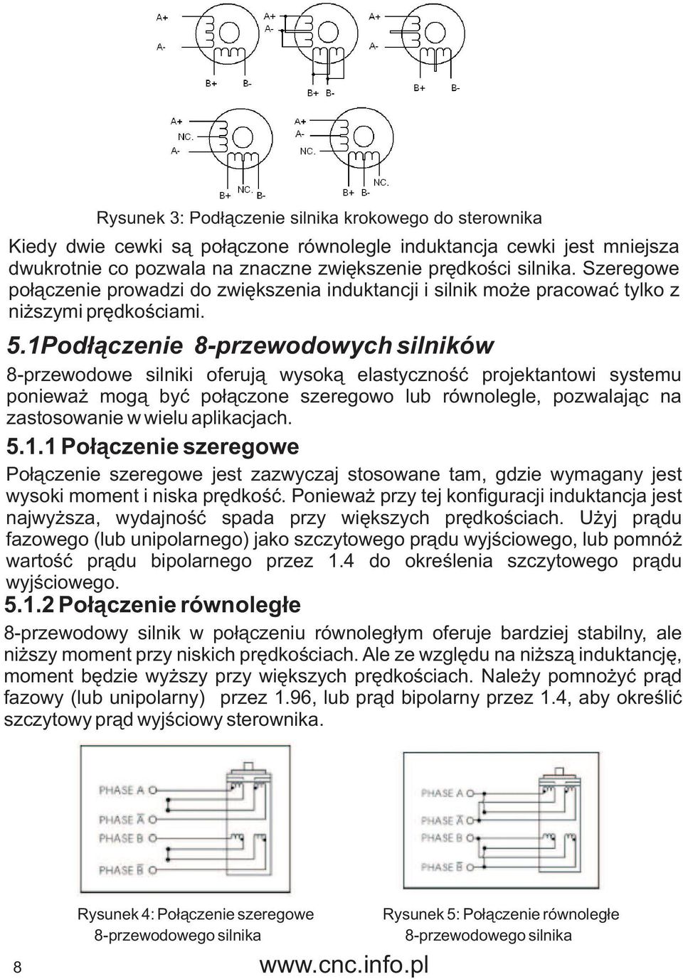 1Pod³¹czenie 8-przewodowych silników 8-przewodowe silniki oferuj¹ wysok¹ elastycznoœæ projektantowi systemu poniewa mog¹ byæ po³¹czone szeregowo lub równolegle, pozwalaj¹c na zastosowanie w wielu