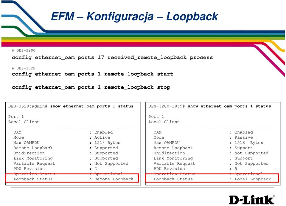 Loopback : Supported Unidirection : Supported Link Monitoring : Supported Variable Request : Not Supported PDU Revision : 2 Operation Status : Operational Loopback Status : Remote Loopback