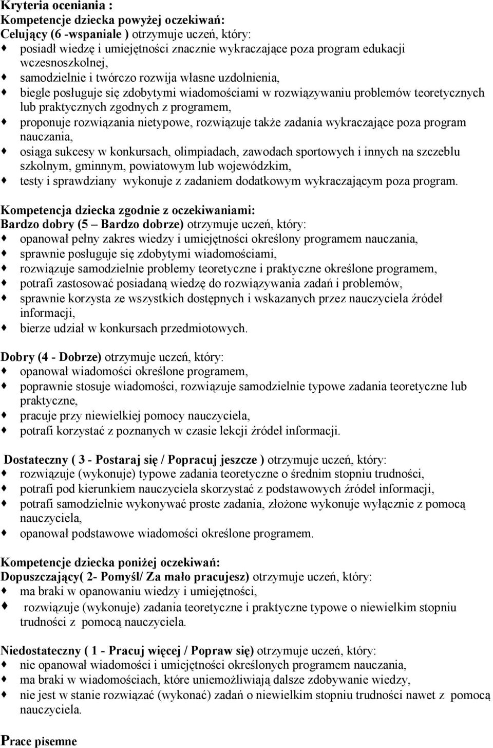 nietypowe, rozwiązuje także zadania wykraczające poza program nauczania, osiąga sukcesy w konkursach, olimpiadach, zawodach sportowych i innych na szczeblu szkolnym, gminnym, powiatowym lub