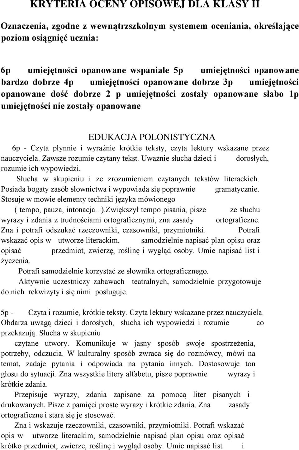 płynnie i wyraźnie krótkie teksty, czyta lektury wskazane przez nauczyciela. Zawsze rozumie czytany tekst. Uważnie słucha dzieci i dorosłych, rozumie ich wypowiedzi.