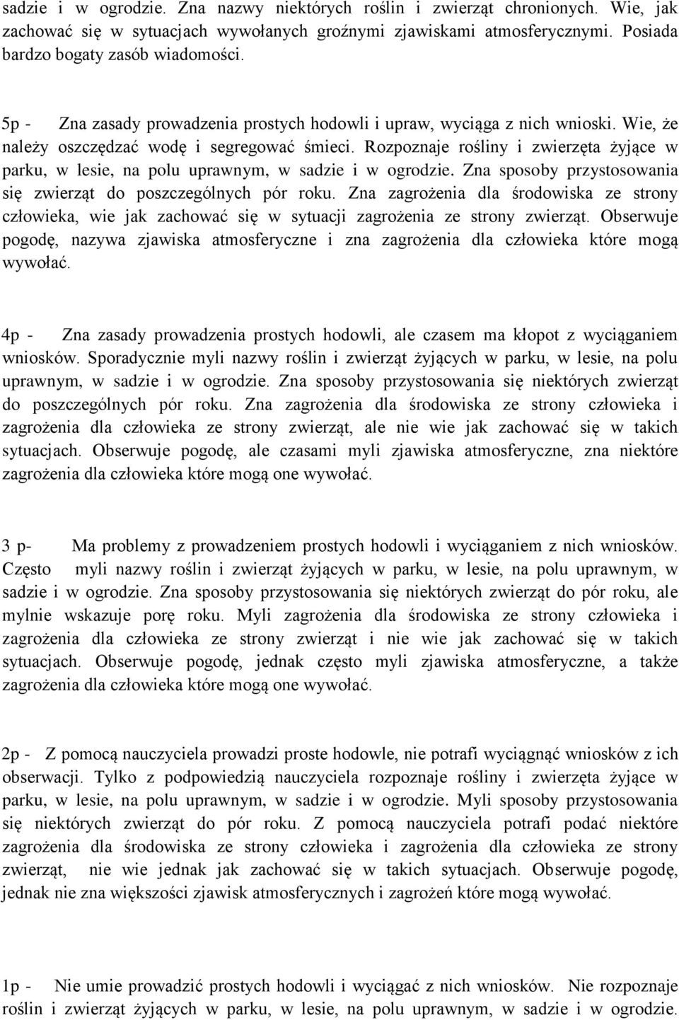 Rozpoznaje rośliny i zwierzęta żyjące w parku, w lesie, na polu uprawnym, w sadzie i w ogrodzie. Zna sposoby przystosowania się zwierząt do poszczególnych pór roku.