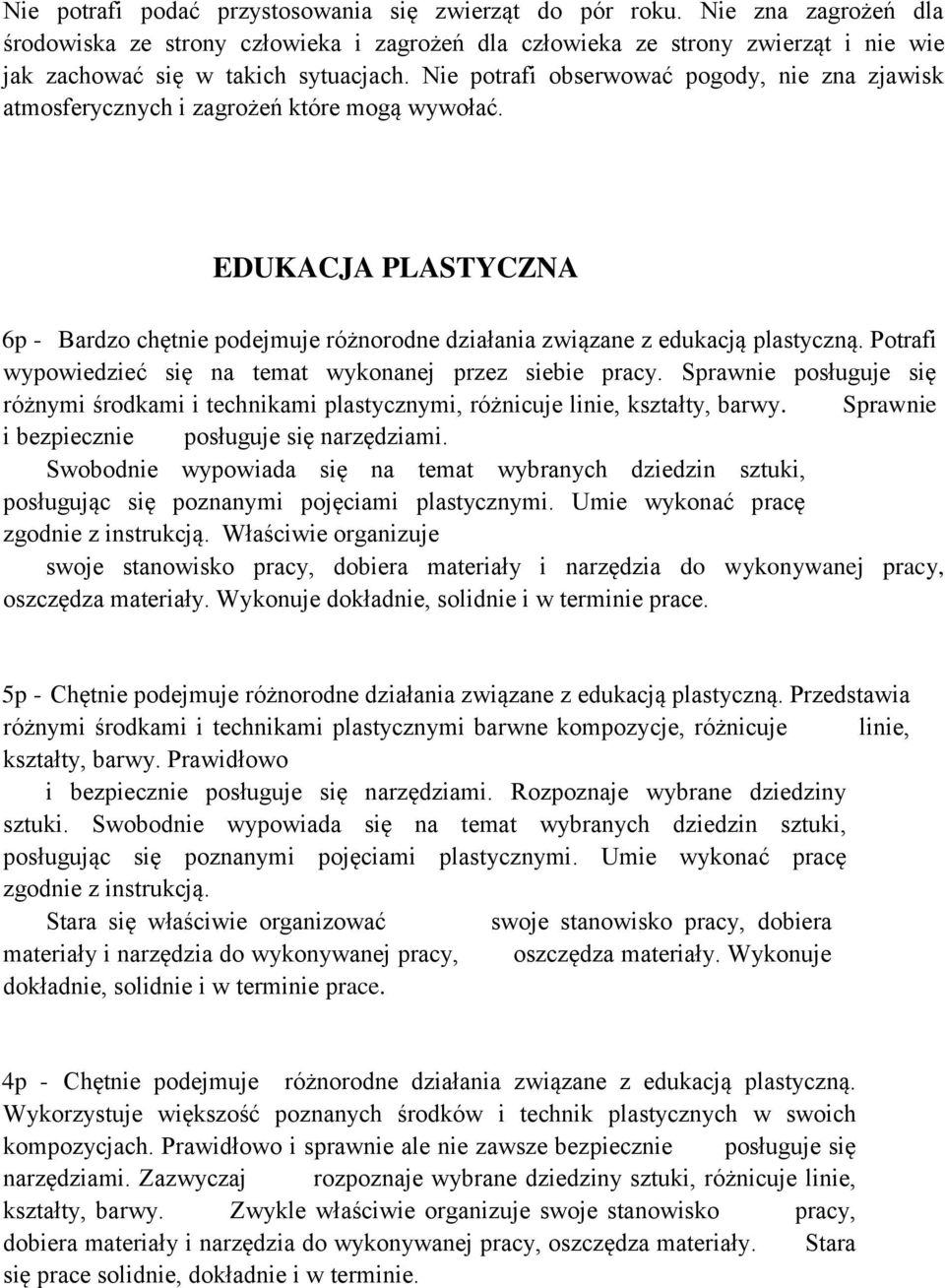 Nie potrafi obserwować pogody, nie zna zjawisk atmosferycznych i zagrożeń które mogą wywołać. EDUKACJA PLASTYCZNA 6p - Bardzo chętnie podejmuje różnorodne działania związane z edukacją plastyczną.