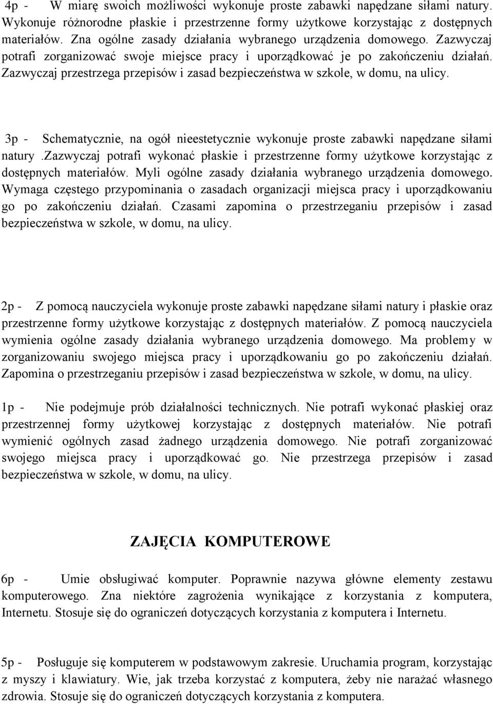 Zazwyczaj przestrzega przepisów i zasad bezpieczeństwa w szkole, w domu, na ulicy. 3p - Schematycznie, na ogół nieestetycznie wykonuje proste zabawki napędzane siłami natury.