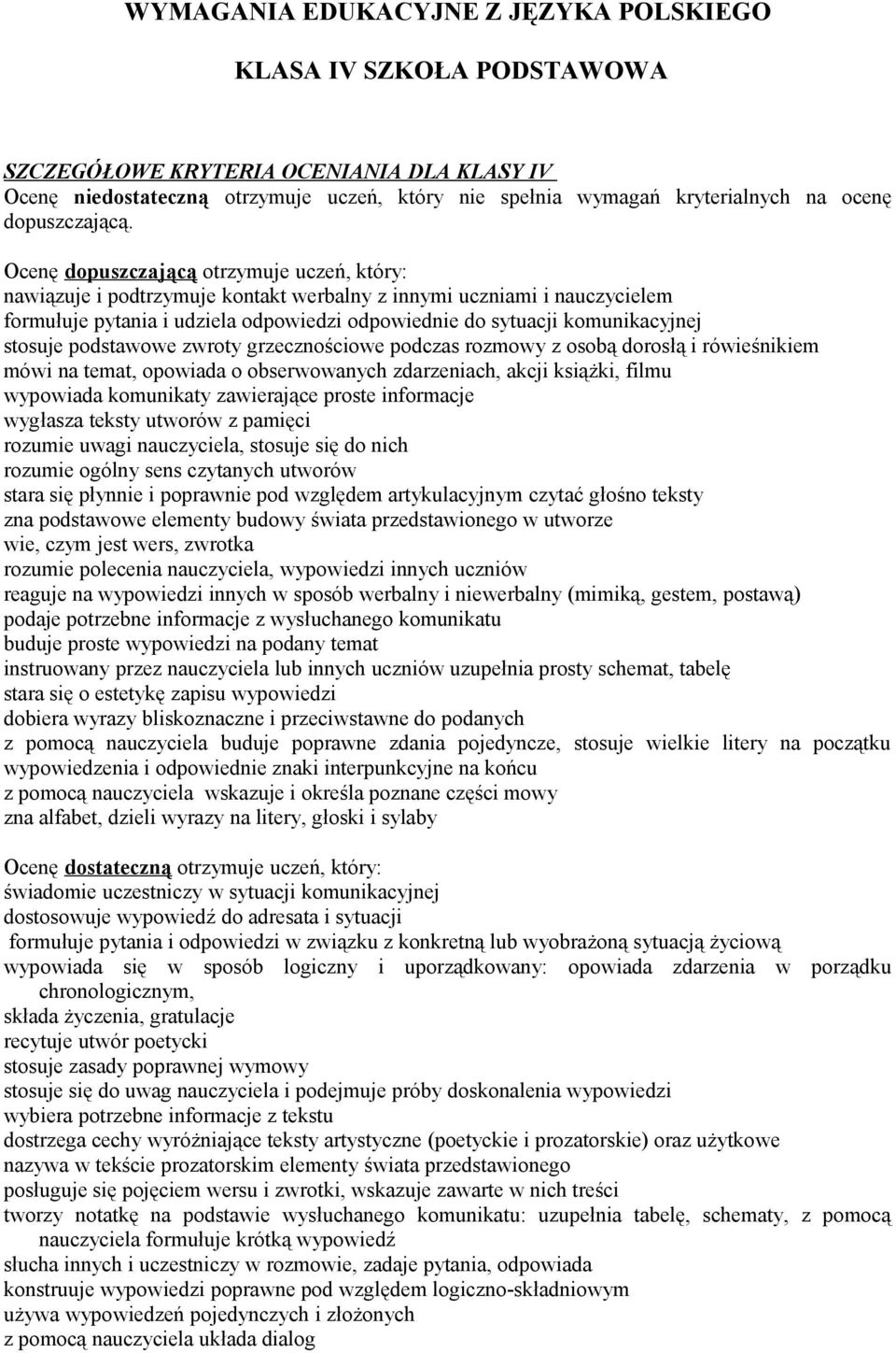 Ocenę dopuszczającą otrzymuje uczeń, który: nawiązuje i podtrzymuje kontakt werbalny z innymi uczniami i nauczycielem formułuje pytania i udziela odpowiedzi odpowiednie do sytuacji komunikacyjnej