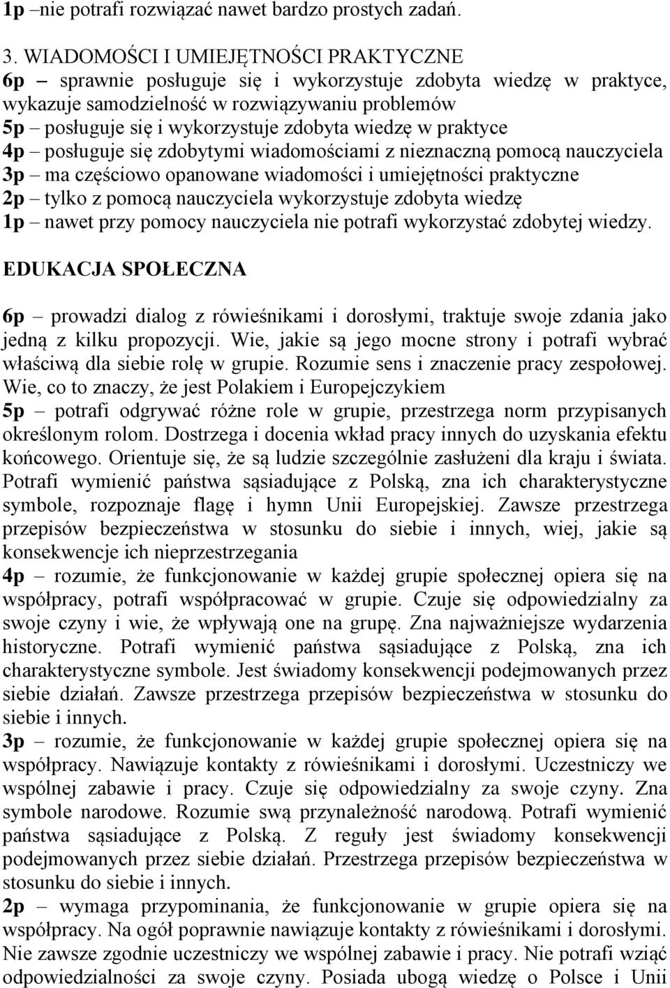 wiedzę w praktyce 4p posługuje się zdobytymi wiadomościami z nieznaczną pomocą nauczyciela 3p ma częściowo opanowane wiadomości i umiejętności praktyczne 2p tylko z pomocą nauczyciela wykorzystuje