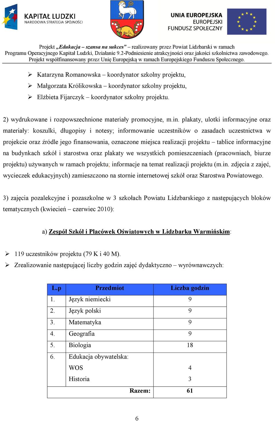 plakaty, ulotki informacyjne oraz materiały: koszulki, długopisy i notesy; informowanie uczestników o zasadach uczestnictwa w projekcie oraz źródle jego finansowania, oznaczone miejsca realizacji