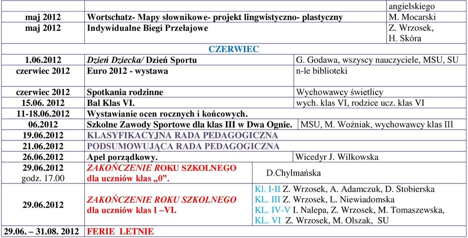 2012 Bal Klas VI. wych. klas VI, rodzice ucz. klas VI 11-18.06.2012 Wystawianie ocen rocznych i końcowych. 06.2012 Szkolne Zawody Sportowe dla klas III w Dwa Ognie. MSU, M.