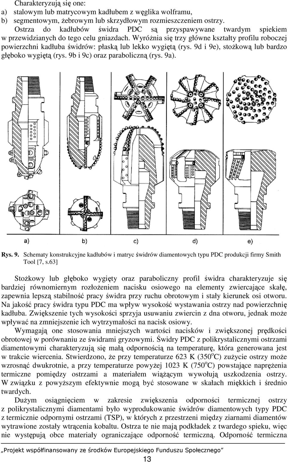 WyróŜnia się trzy główne kształty profilu roboczej powierzchni kadłuba świdrów: płaską lub lekko wygiętą (rys. 9d i 9e), stoŝkową lub bardzo głęboko wygiętą (rys. 9b i 9c) oraz paraboliczną (rys. 9a).