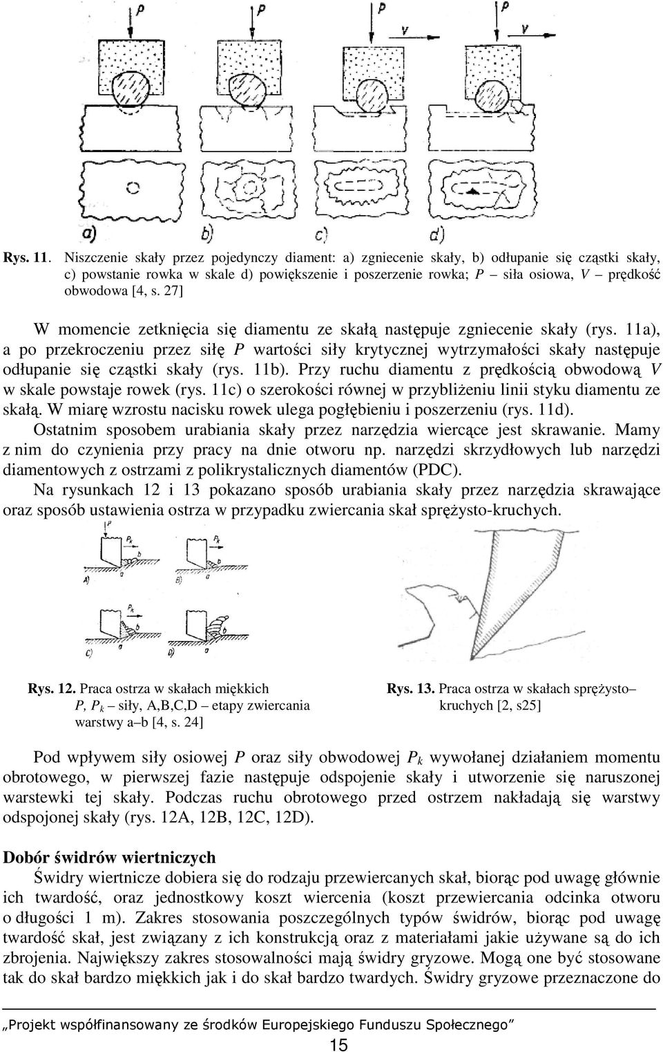 s. 27] W momencie zetknięcia się diamentu ze skałą następuje zgniecenie skały (rys.