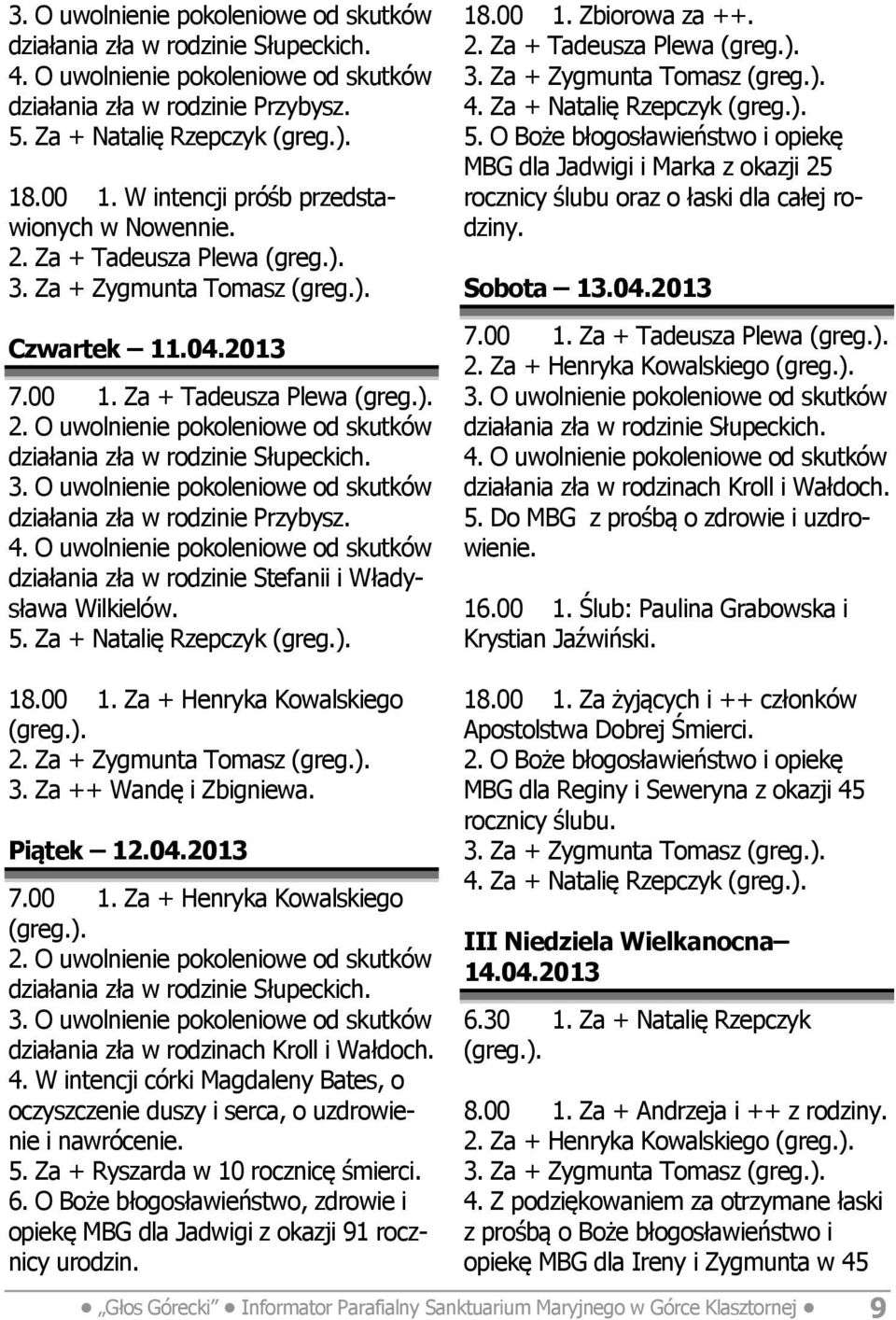 O Boże błogosławieństwo i opiekę MBG dla Jadwigi i Marka z okazji 25 rocznicy ślubu oraz o łaski dla całej rodziny. Sobota 13.04.2013 7.00 1. Za + Tadeusza Plewa 2.