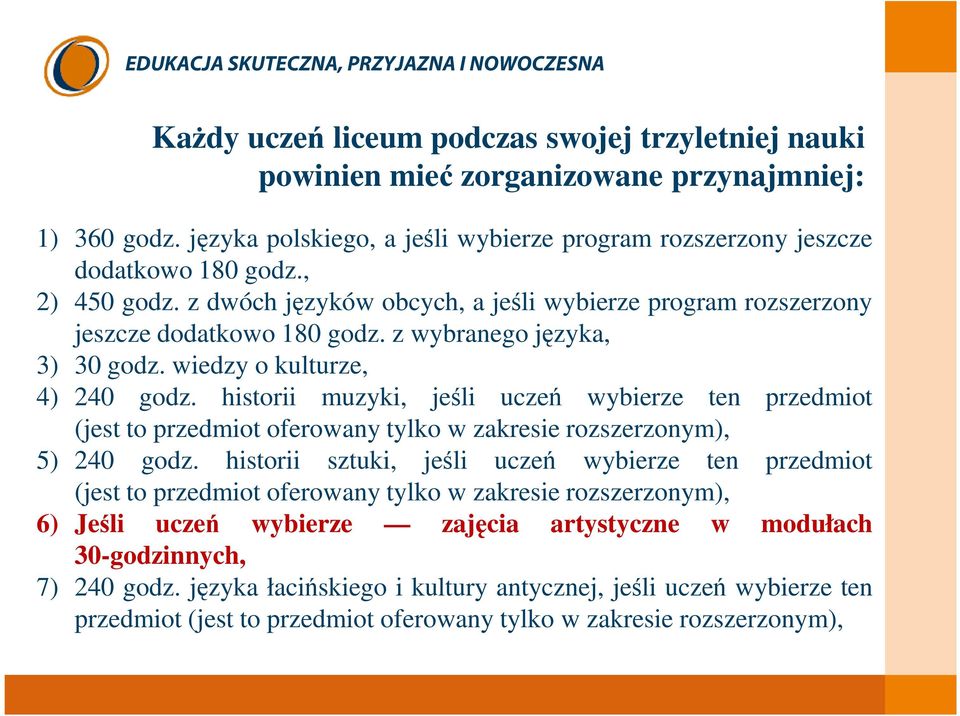 historii muzyki, jeśli uczeń wybierze ten przedmiot (jest to przedmiot oferowany tylko w zakresie rozszerzonym), 5) 240 godz.