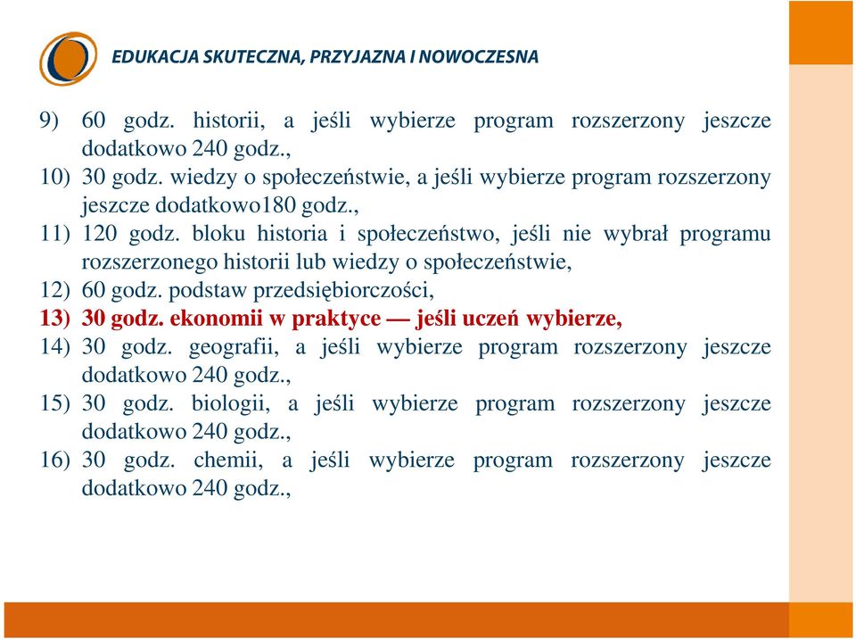 bloku historia i społeczeństwo, jeśli nie wybrał programu rozszerzonego historii lub wiedzy o społeczeństwie, 12) 60 godz. podstaw przedsiębiorczości, 13) 30 godz.