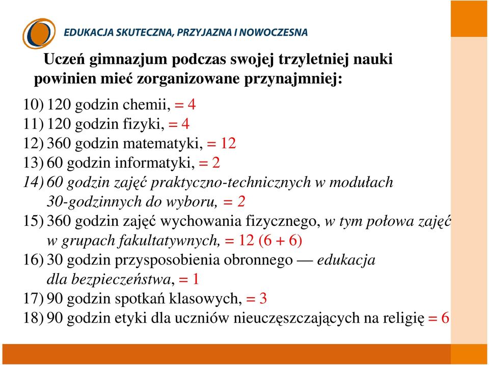 wyboru, = 2 15) 360 godzin zajęć wychowania fizycznego, w tym połowa zajęć w grupach fakultatywnych, = 12 (6 + 6) 16) 30 godzin