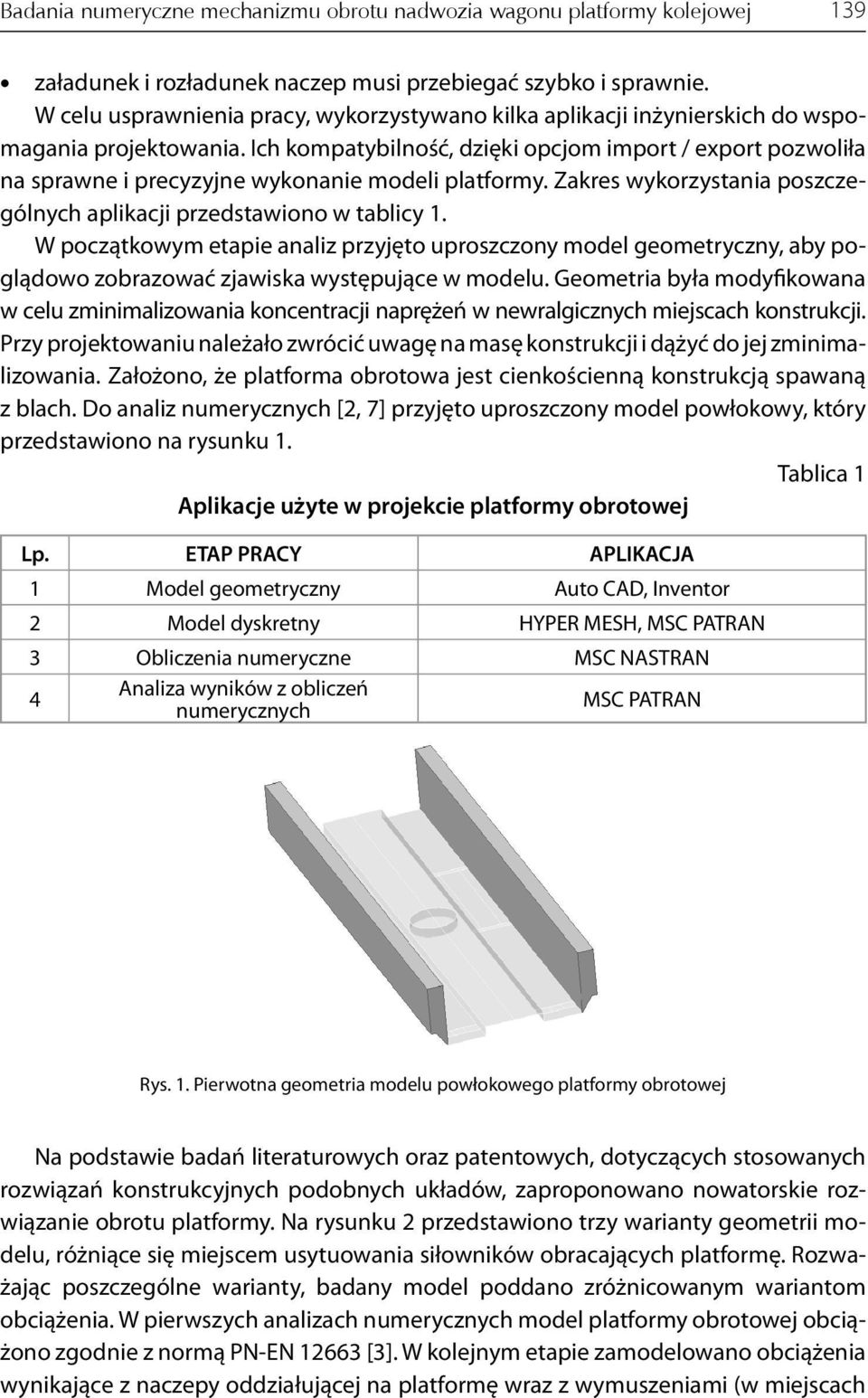 Ich kompatybilność, dzięki opcjom import / export pozwoliła na sprawne i precyzyjne wykonanie modeli platformy. Zakres wykorzystania poszczególnych aplikacji przedstawiono w tablicy 1.