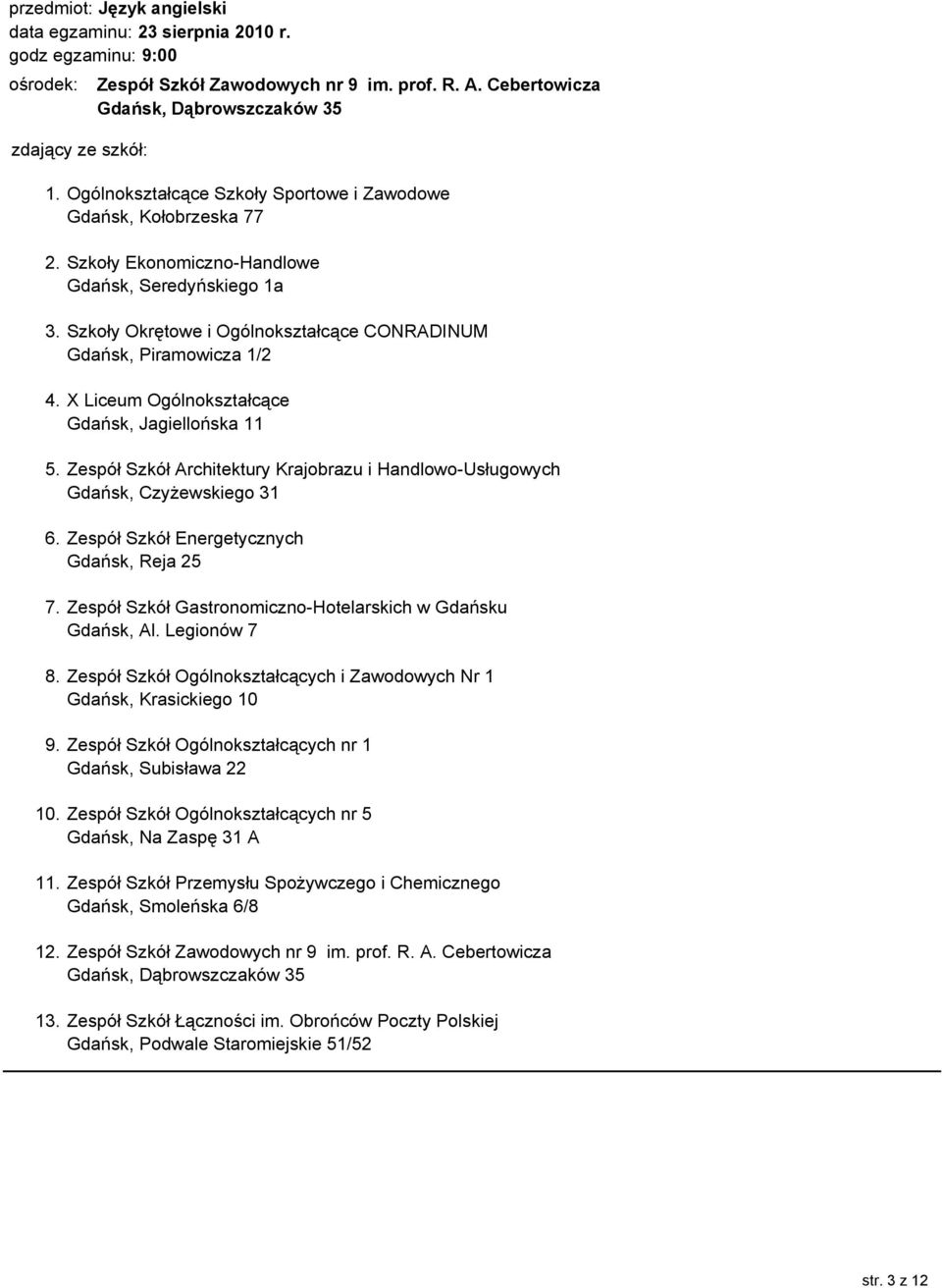 Zespół Szkół Architektury Krajobrazu i Handlowo-Usługowych Gdańsk, Czyżewskiego 31 6. Zespół Szkół Energetycznych Gdańsk, Reja 25 7. Zespół Szkół Gastronomiczno-Hotelarskich w Gdańsku Gdańsk, Al.