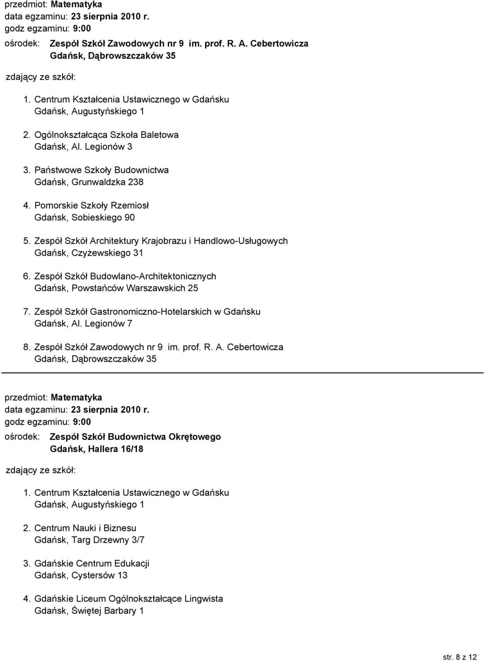 Zespół Szkół Architektury Krajobrazu i Handlowo-Usługowych Gdańsk, Czyżewskiego 31 6. Zespół Szkół Budowlano-Architektonicznych Gdańsk, Powstańców Warszawskich 25 7.