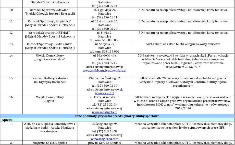1-go Maja 99, tel. (32) 256 61 51 ul. 11-Listopada 16, tel. (32) 200 05 78 ul. Siwka 2, tel. kom. 505 038 053 ul. Sołtysia 25 tel. kom. 503 135 902 ul. Markiefki 44a tel. (32) 203 05 17 www.