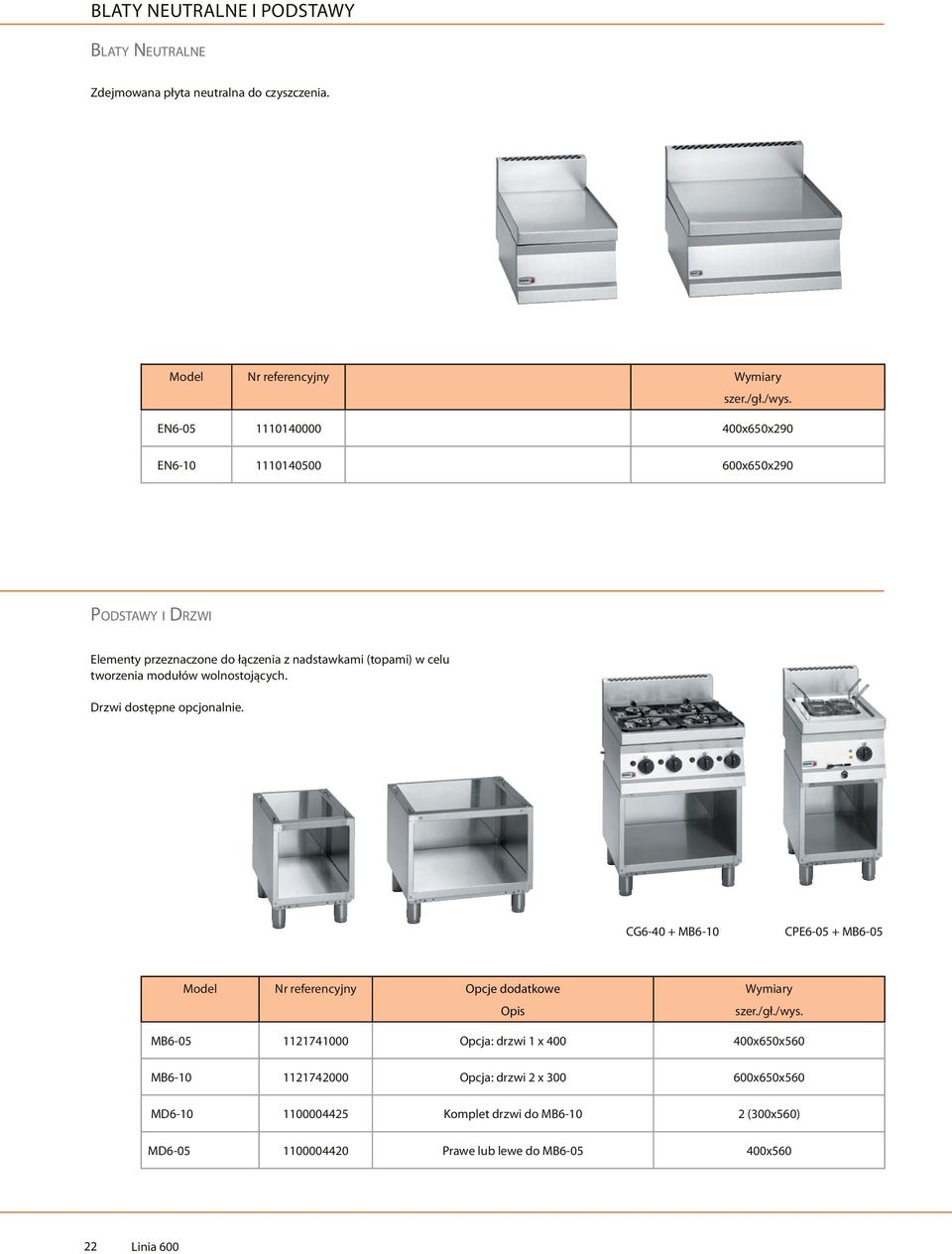 wolnostojących. Drzwi dostępne opcjonalnie. CG6-40 + MB6-10 CE6-05 + MB6-05 Model Nr referencyjny Opcje dodatkowe Wymiary Opis szer./gł./wys.